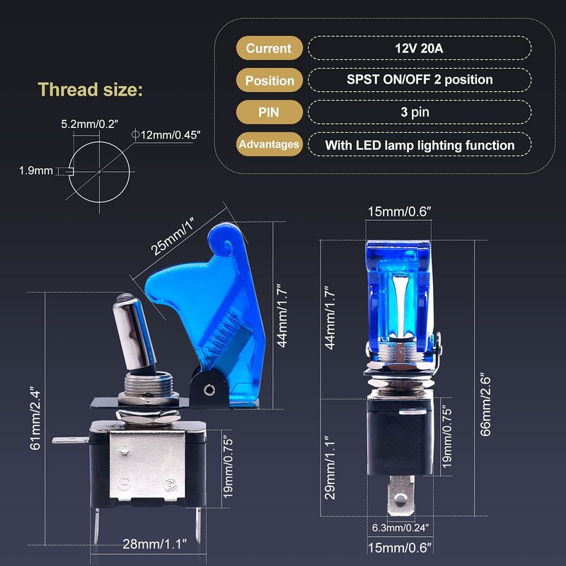 Twidec/3Pcs Rocker Lighted Toggle Switch 12V 20A Heavy Duty Racing