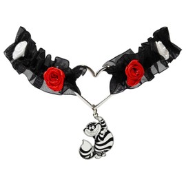 LUV HER Alice in Wonderland Black Lace Choker Necklace with Roses & Heart Charm – Adjustable Jewelry for Women & Girls – Ideal for Cosplay & Themed Parties