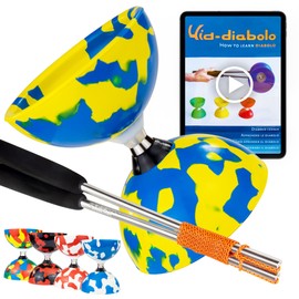 Juggle Dream Jester Diabolo Juggling Set - Ball Bearing Axle Professional Diabolo with Aluminium Handsticks and Online Learning Video - Juggling Toy (Blue/Yellow)