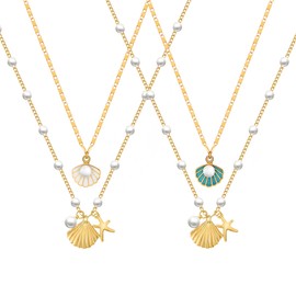 Paxuan 4pcs Dainty 18K Gold Layered Necklace with Sea shell Necklace Starfish Charm Pendant Necklace for Women Trendy Gold Boho Summer Vacation Beach Necklaces Jewelry for Women Gift
