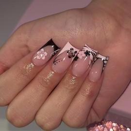 BABALAL Press on Nails Medium Square Fake Nails Black French Tip Glue on Nails Pink Y2k Acrylic Nails with Flower Charm Handmade False Nails 24Pcs Gothic Squoval Full Cover Stick Nails for Women Girls