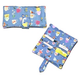 Tea Bag Wallet Includes 4 Tea Bags, English Tea Time Quilted Handcrafted Wallet, Four Pockets, Tea Cups and Birds on Blue, Fabric Choice
