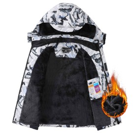 AFILOK Boy's Ski Jacket Waterproof Breathable Kids Fleece Lined Windproof Hooded Snowboard Coats (White Snow Mountain, 14-16)