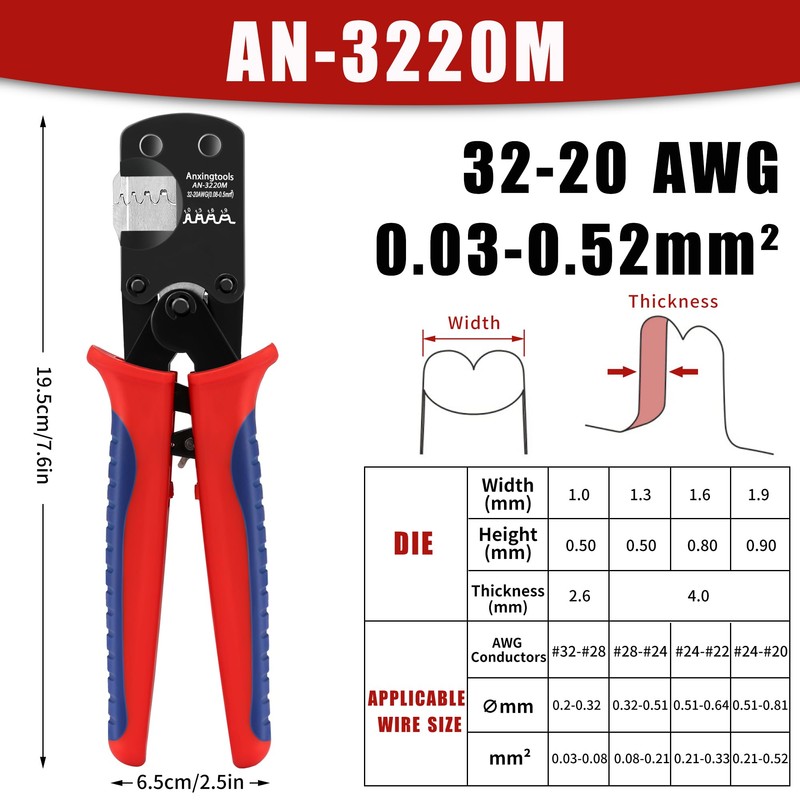 Anxingtools Micro Connector Pin Crimping Tool 0.03-0.52mm² 32-20AWG Ratchet Crimper