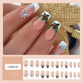 SINSEN Christmas Press on Nails White French Christmas Fake Nails, Medium Square Acrylic Christmas False Nails with Snowflake Designs, Full Cover Christmas Flower Glue on Nails for Women, 24Pcs