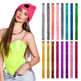 MYKURS Glittery Tinsel Hair Extensions for Girls and Women, Clip-in Fairy Hair Tinsel, 16 Colors 16 PCS