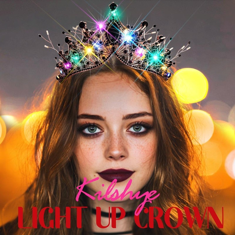 Kilshye Light Up Black Rhinestone Crown LED Gothic Tiara Headband