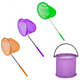 3 Pack Butterfly Nets with Folding Water Buckets，Telescopic Butterfly Nets，Extendable Fishing Outdoor Telescopic Tool Net for Kids Catching Insects.