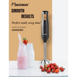 Bestron Hand Blender, Purée Stick with 2 Speed Levels and Ergonomic Handle, Includes Turbo Function with More than 14,000 rpm, Removable Rod, Material: Stainless Steel, Colour: Black/Wood