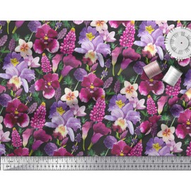 Soimoi Black Cotton Canvas Fabric Pink & Purple Floral Watercolor Printed Fabric 1 Yard 56 Inch Wide