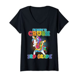 Womens Ready to Crush 3rd Grade Dabbing Unicorn Girl Back to School V-Neck T-Shirt