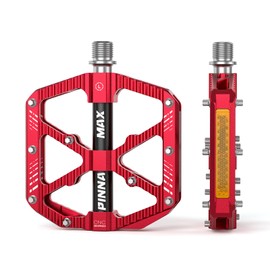 PINNAMAX MTB Bicycle Pedals, CNC Aluminium, 3 Sealed Bearings, Non-Slip Pedals for Mountain Bike, BMX, E-Bike, Road Bike (Red)
