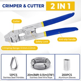 XOOL Wire Rope Crimping Tool with Built-in Cutter, Hand Swaging Tool with 66FT/20M 1/16'' Wire, 200PCS Aluminum Double Barrel Ferrule Crimping Loop Sleeve and 12PCS Stainless Steel Thimble