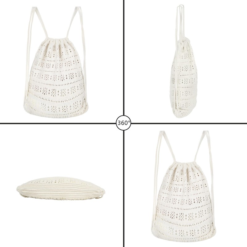 Lobagve Handmade Crochet Cotton Drawstring Backpack Boho Purse Leisure Daypack