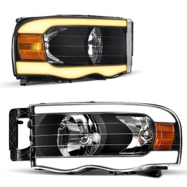 AUTOSAVER88 Switchback LED Tube Headlights Assembly Compatible with 2002-2005 Dodge Ram 1500/2003 2004 2005 Dodge Ram 2500 3500 Headlamp Replacement Pair Amber Reflector