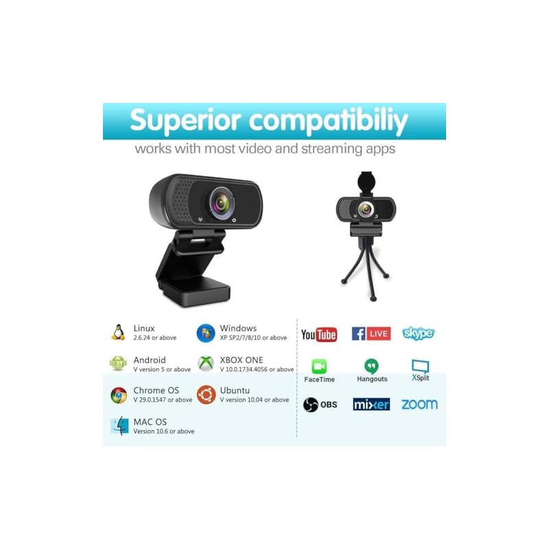 1080P Webcam,Live Streaming Web Camera with Stereo Microphone, Desktop or