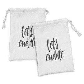Ambesonne Lets Cuddle Fabric Pouch Set of 2, Hand Written Calligraphy in a Cursive Joined Font Warm Feelings, Small Drawstring Bag for Toiletries Masks and Favors, 9" x 6", Dark Grey and White