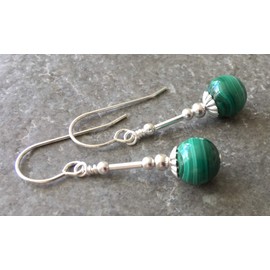 Green Banded Malachite Gemstone & Sterling Silver Hook Drop Earrings with Gift Box
