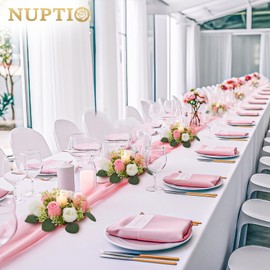 NUPTIO Artificial Flowers Wreath for Decoration - 2 Pcs 22cm Diameter Small Pink & White Fake Roses Wedding Centrepieces for Tables Spring Summer Wreaths for Front Door Weddings Party Ceremony