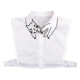 Women Girl Cute Cat Print Half Shirt Blouse Faux Collar Embroidery Cotton White Shirt Fake Collar
