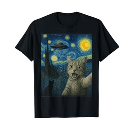 Cat Selfie With Alien UFO Cat Starry Night Van Gogh Cat T-Shirt for Men Women Kids