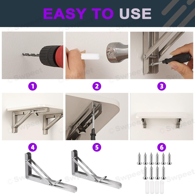 Swpeet 2 Pack 10" Folding Shelf Bracket, Heavy Duty DIY