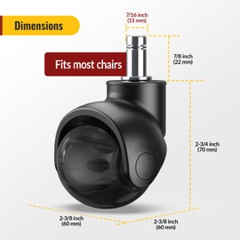 HOLKIE Office Chair Wheels Replacement 11x22mm Universal Fit 2 Inch Rubber Heavy Duty Casters for Carpet Hardwood Floors Gaming Desk Chair Roller Wheels Set of 5 Black Ball Casters Smooth & Silent