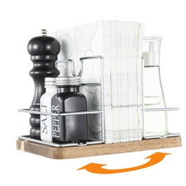 Napkin Holder for Table, Wood Base Rotating Napkin Holder with Salt and Pepper Shakers, Rotating Standing Napkin Dispenser for Kitchen Dining Table Decor, Not Including Shakers - Silver