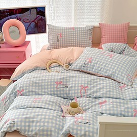 Covebett Bed Linen 135 x 200 cm Checked Blue with Pink Bows Girls Duvet Cover 2-Piece Aesthetic Blue White Checked Soft Microfibre Single Bed Duvet Cover with Zip and Pillowcase 80 x 80 cm