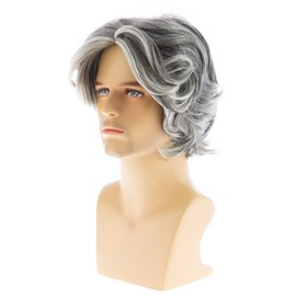 Qnbiar, Parrucca da uomo, capelli sintetici grigi, taglio corto e stratificato, ideale per Halloween, cosplay e costumi