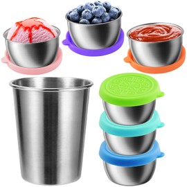 Showvigor 6-Pack 1.6oz Leakproof Salad Cups & 300ml Open-Top Stainless Steel Cup | Reusable Sauce Containers and Drinkware for Home, Office, Kitchen, Picnics – Dishwasher Safe
