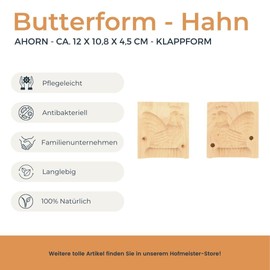 HOFMEISTER® Butter Folding Mould, 2 Pieces, Rooster, 12 cm, Hand Carved in Germany, Butter Mould for Decorating & Decorating, Hygienic Butter Model, Made of Native Maple Wood