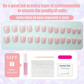 Pink White Short Press on Nails Square French Tip Fake Nails Glossy False Nails Full Cover Acrylic Nail with Glue Nails with Stick on Nails for Women and Girls- 24pcs
