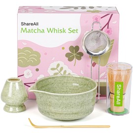 SHAREALL Matcha Whisk Set, 5Pcs Matcha Set, Matcha Bowl with Spout 17oz, Bamboo Matcha Whisk Chasen & Ceramic Holder, Matcha Sifter & Scoop, Matcha Kit for Tea Ceremonial, Ideal Gift (Speckled green)
