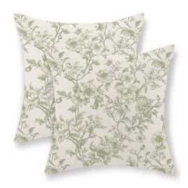 JEFERSO Sage Green Pillow Covers 18x18 Inch Set of 2 Chinoiserie Light Green Floral Throw Pillows Vintage Toile Flower Decorative Pillow Cases Outdoor Floral Decor Linen Cushion Case for Couch Sofa