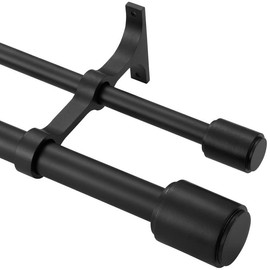 Double Curtain Rods 72-144", Matte Black Double Curtain Rods with Cap Finials, 1 Inch Front and 5/8 Inch Back Double Drapery Rod, Adjustable Dual Curtain Rod Black Double Window Treatment Rods