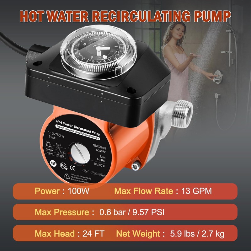 Hot Water Recirculating Pump Kit for Tank Water Heaters with