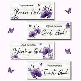 ONIZHITY 4 Pcs Purple Bathroom Decor Religious Wall Art Purple Floral Bible Verse Rustic Wooden Wall Decors Positive Christian Quotes for Bathroom Home Office Bedroom Living Room (Purple 10x4)