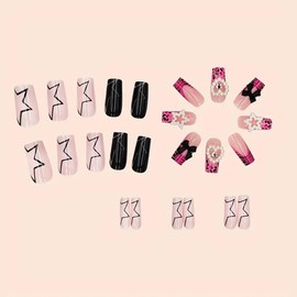 24 Pcs Pink Press on Nails Medium Square - YEFIUO Spring Fake Nails Press ons French Nail Art Tips Acrylic Nail Kit Glue on Nails Full Cover False Nails with Pentagram Bow Nail Charms Design for Women