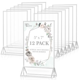 EHWINE 12 Pack Acrylic Sign Holder 5 x 7, Double Sided Silver Picture Frame Stand up Table Top Sign Holders, Clear Display Stand Menu Flyer Holder for Wedding Party (Provide Non-slip Mats)