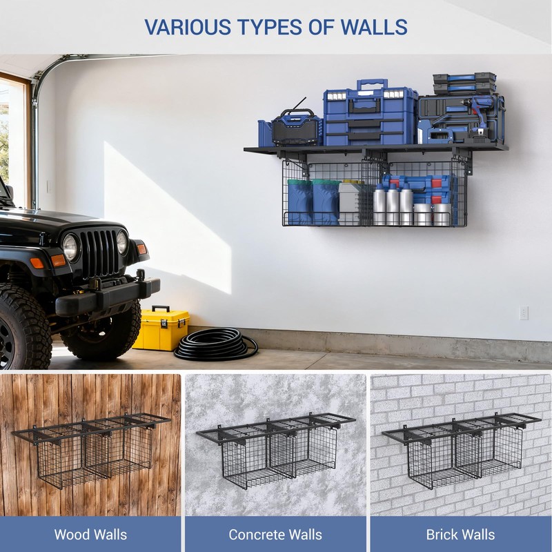 1x4ft Heavy Duty Garage Wall Shelving with 2 Wire Baskets,