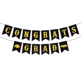 Congrats Grad Banner, Class of 2025 Grad Hanging Decorations, So Proud of You, Glittery Happy Graduation Party Decorations Backdrop (Black, Gold)