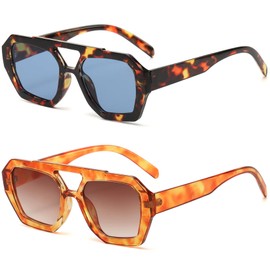 MUNSADE Trendy Aviator Sunglasses for Women Retro Hexagonal Square Double Bridge Sun Glasses Designer Style Shades 2pack ((2 Pack) Tortoise/Blue+Orange Leopard/Brown)