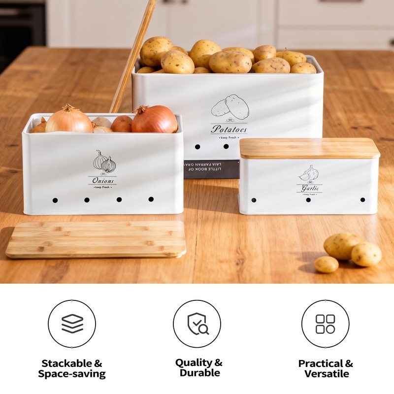 Tenforie Metal Potato Onion and Garlic Storage Tin Set of