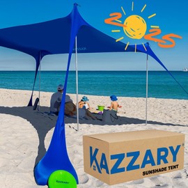 KAZZARY Beach Tent, UPF50+ 7.5x7 ft Sun Shade Canopy with Sandbags, 4 Stability Poles, Ground Pegs, Flying Disc Sand Shovel. Lightweight Sunshade Shelter, 7ft Tall for Camping Outdoor Trips and Sports