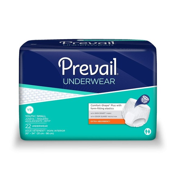 First Quality Prevail Youth Protective Underwear Small, 20" to 34" Waist, Extra Absorbency, Pull-on and Pull-off Design (Bag of 22 Each)
