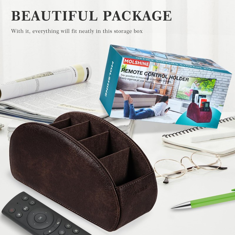 molshine Remote Control Holder with 5 Compartments,Pu Leather Office Organization