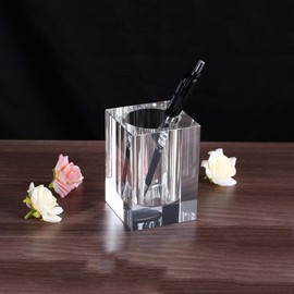Coideal Glass Crystal Pen Pencil Cup Holder Square Clear Small Desk Table Organizer for Office School, Teacher and Student