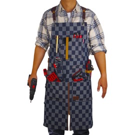 Stenffy Work Apron, Canvas, Adjustable Weight, Tool Aprons with Multiple Pockets, Adjustable Zipper, Metal Ring, Tape Measure Clip for Men Women 27In*36In,Checkered