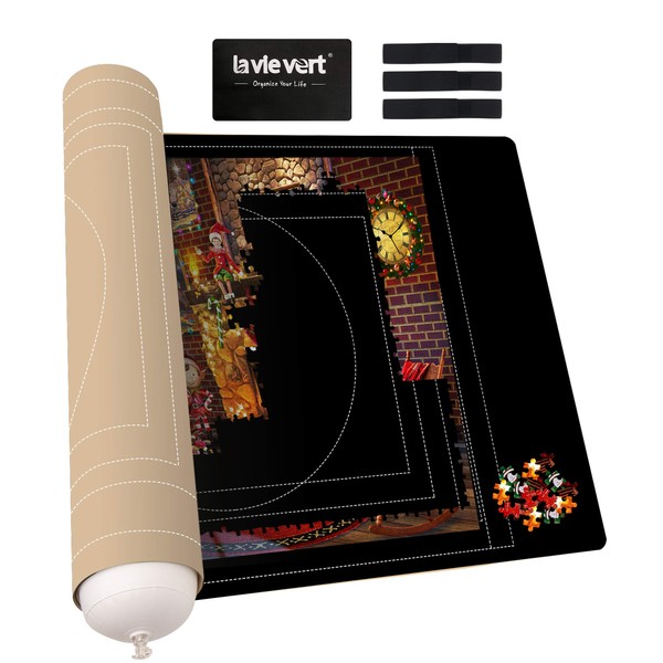 LAVIEVERT Jigsaw Puzzle Mat Roll Up, Double-Sided Neoprene Puzzle Roll Mat, Portable Puzzle Board Keeper Saver with Auxiliary Line & Storage Bag for Up to 1500 Pieces - Black & Khaki